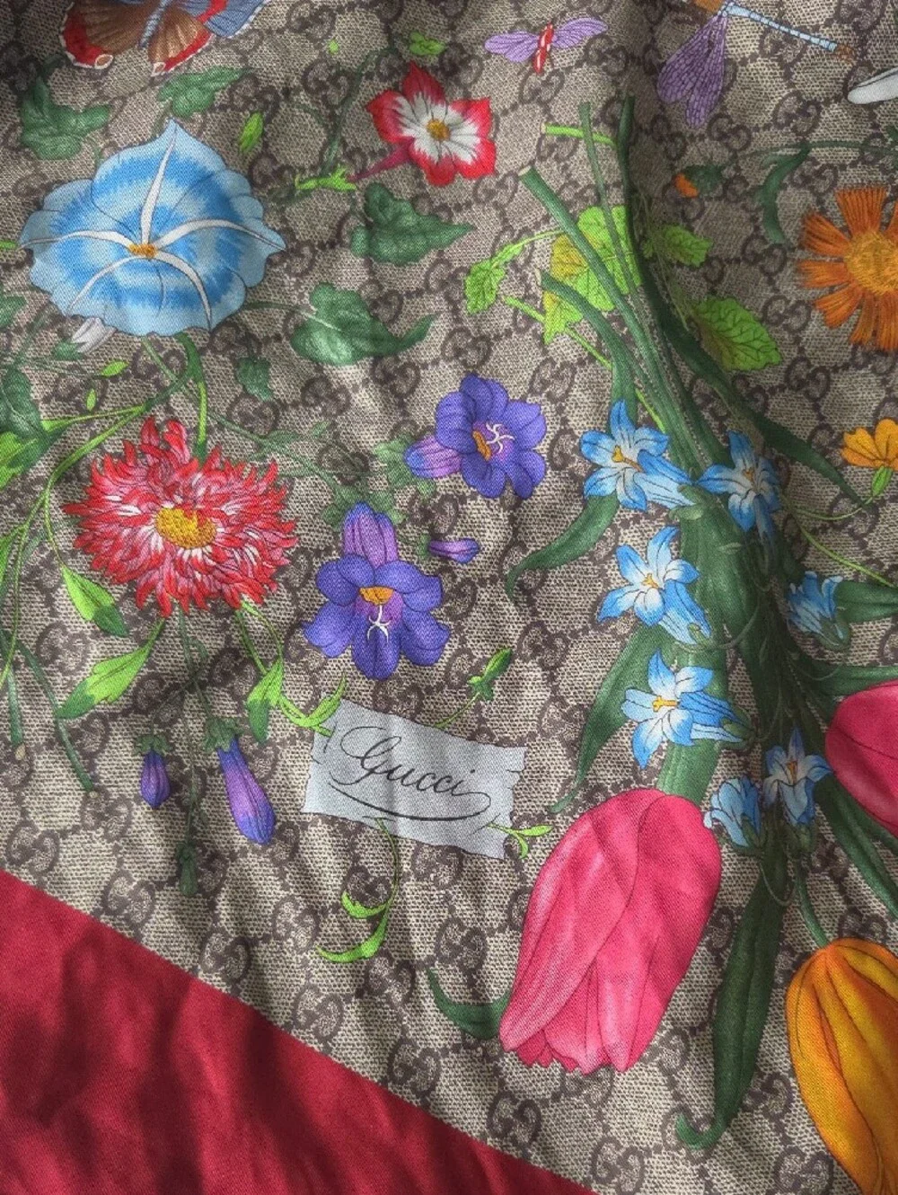 Gucci Brown Monogram Floral Silk Scarf with Red Accent